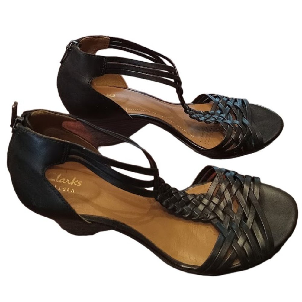 EUC | Clarks Artisan | Braided | Black Leather | Wedge Sandal | Size: 9.5M